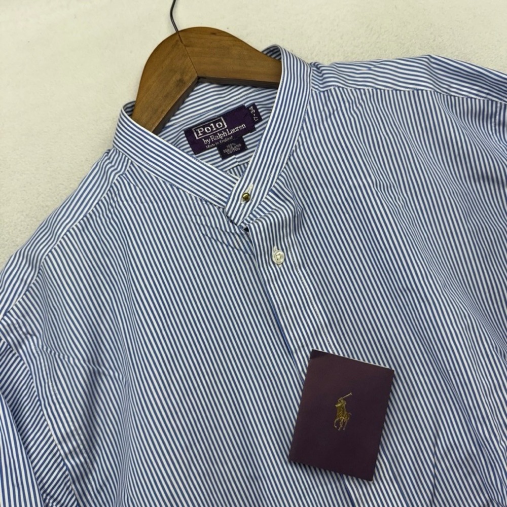 Ralph Lauren Shirt Mens 17-34 Blue Band Collar Sea Island Purple Label Deadstock